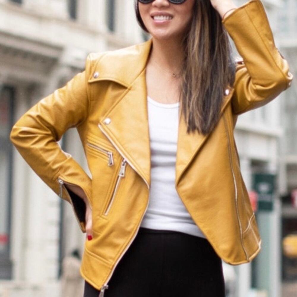 ELIZABETH & JAMES | Golden Yellow Moto Style Jacket Vegan‎ Leather Zipper |